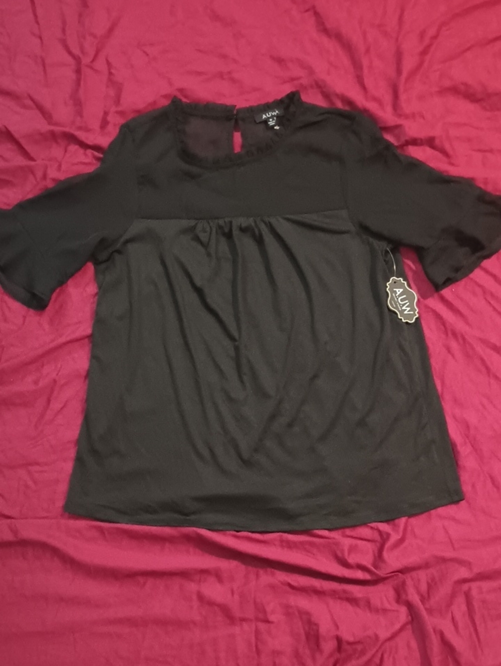 A.U.W Black Short-Sleeve Pleated Shirt Sheer Sleeves Professional New With Tags
